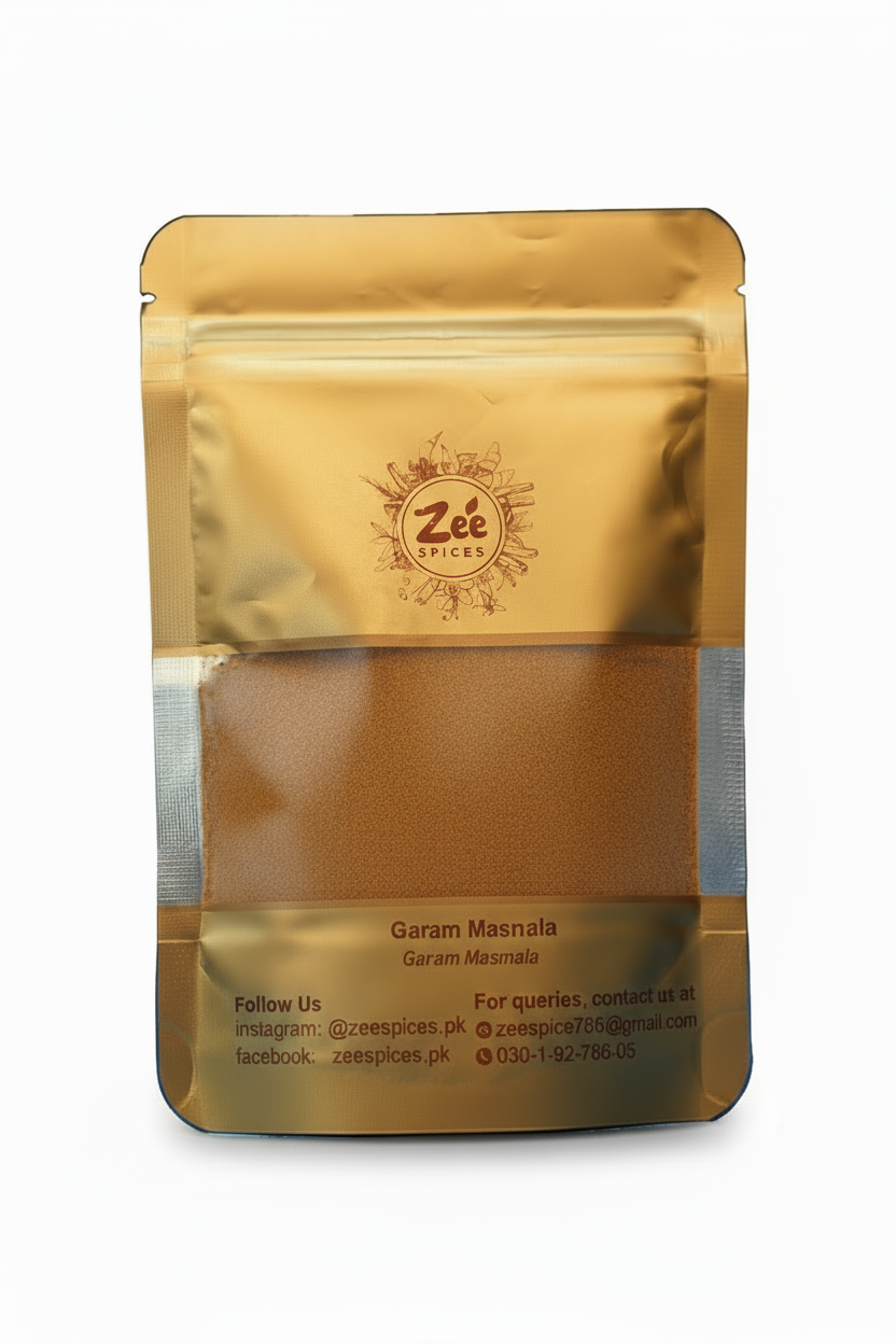 Zee Spices packaging with hot mixture powder inside on a white background