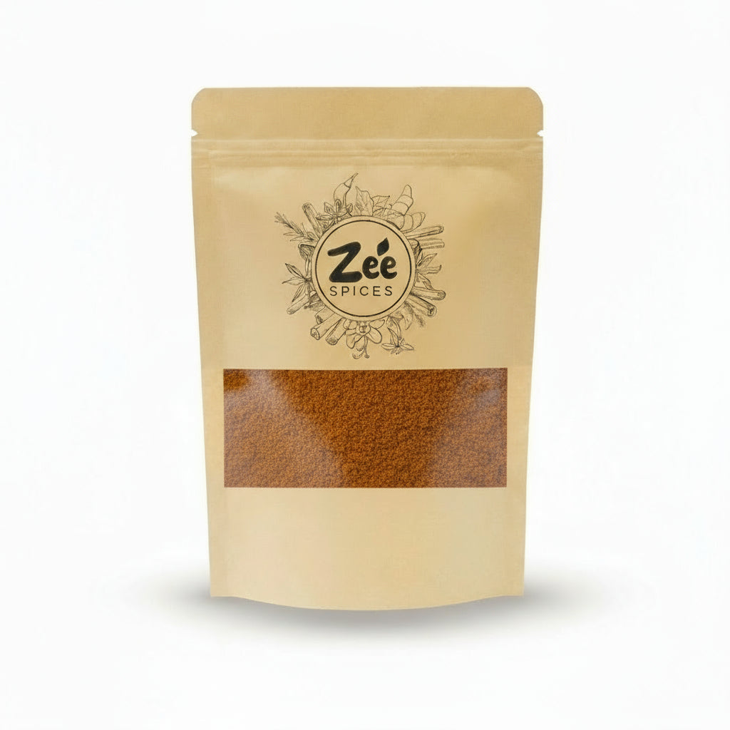 Zee Spices packaging with visible hot mixture powder spice content on a white background