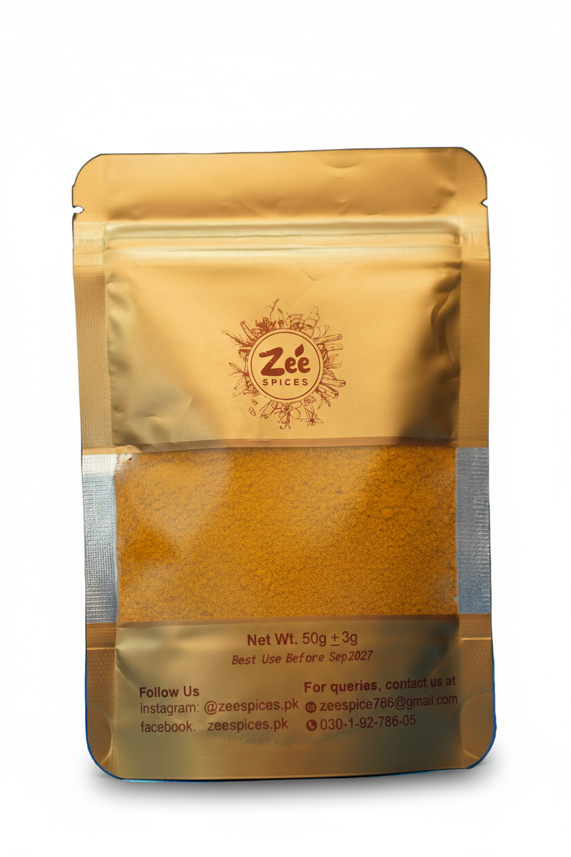Zee Spices packaging with visible spice inside on a white background
