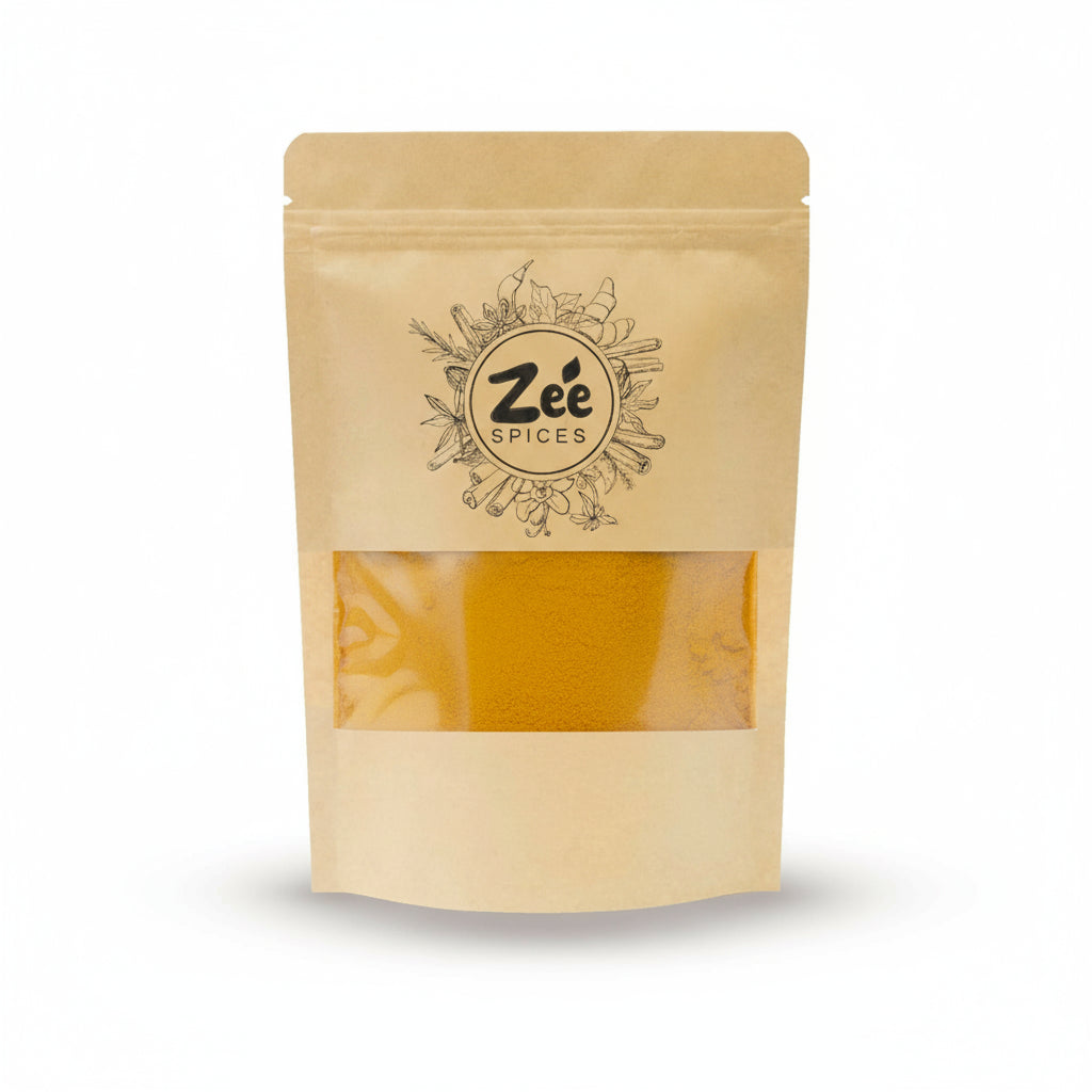 Kraft paper spice package with 'Zee Spices' branding on a white background