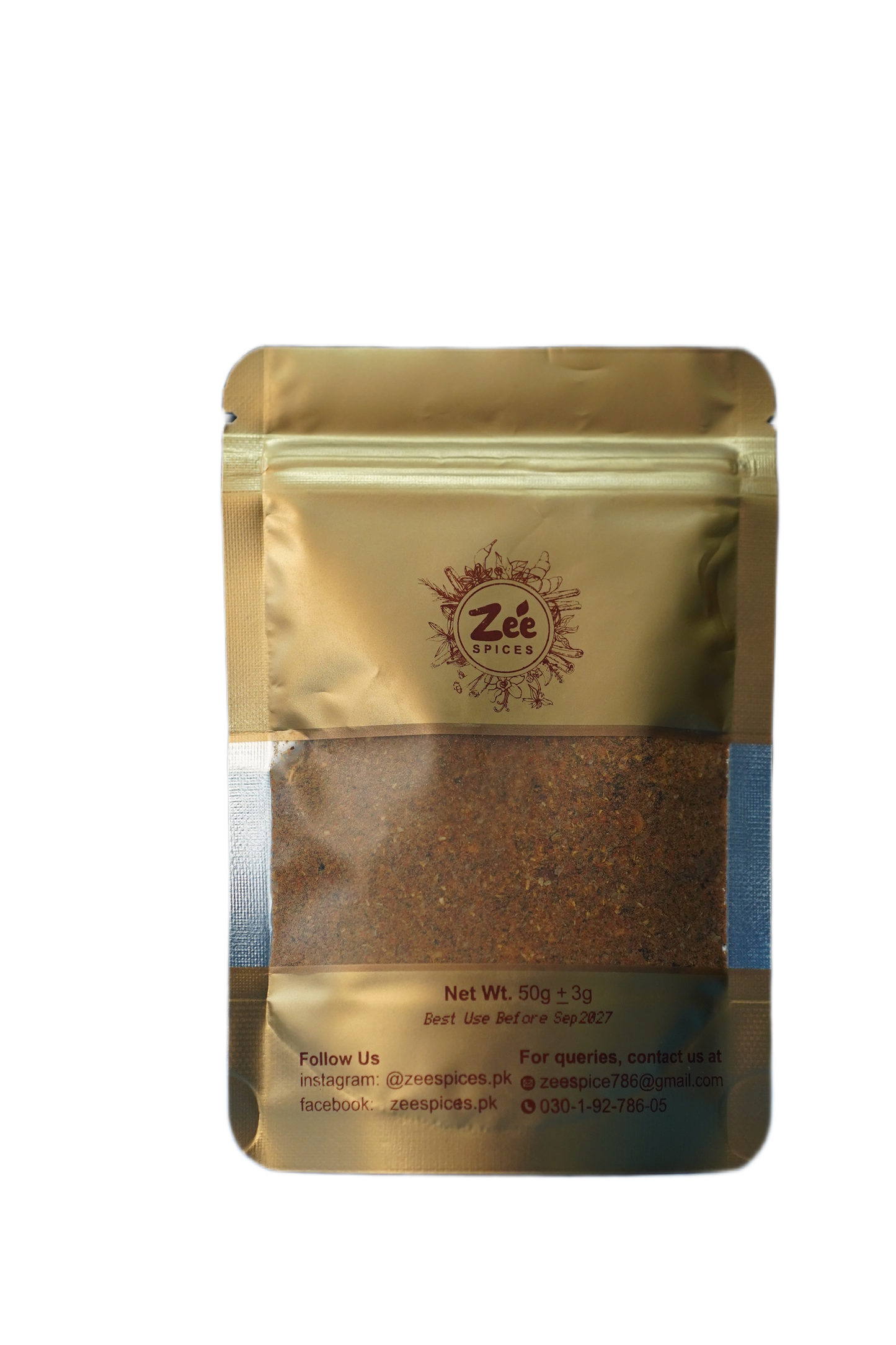 Gold packaging of Zee Spices with a visible brand logo on a white background