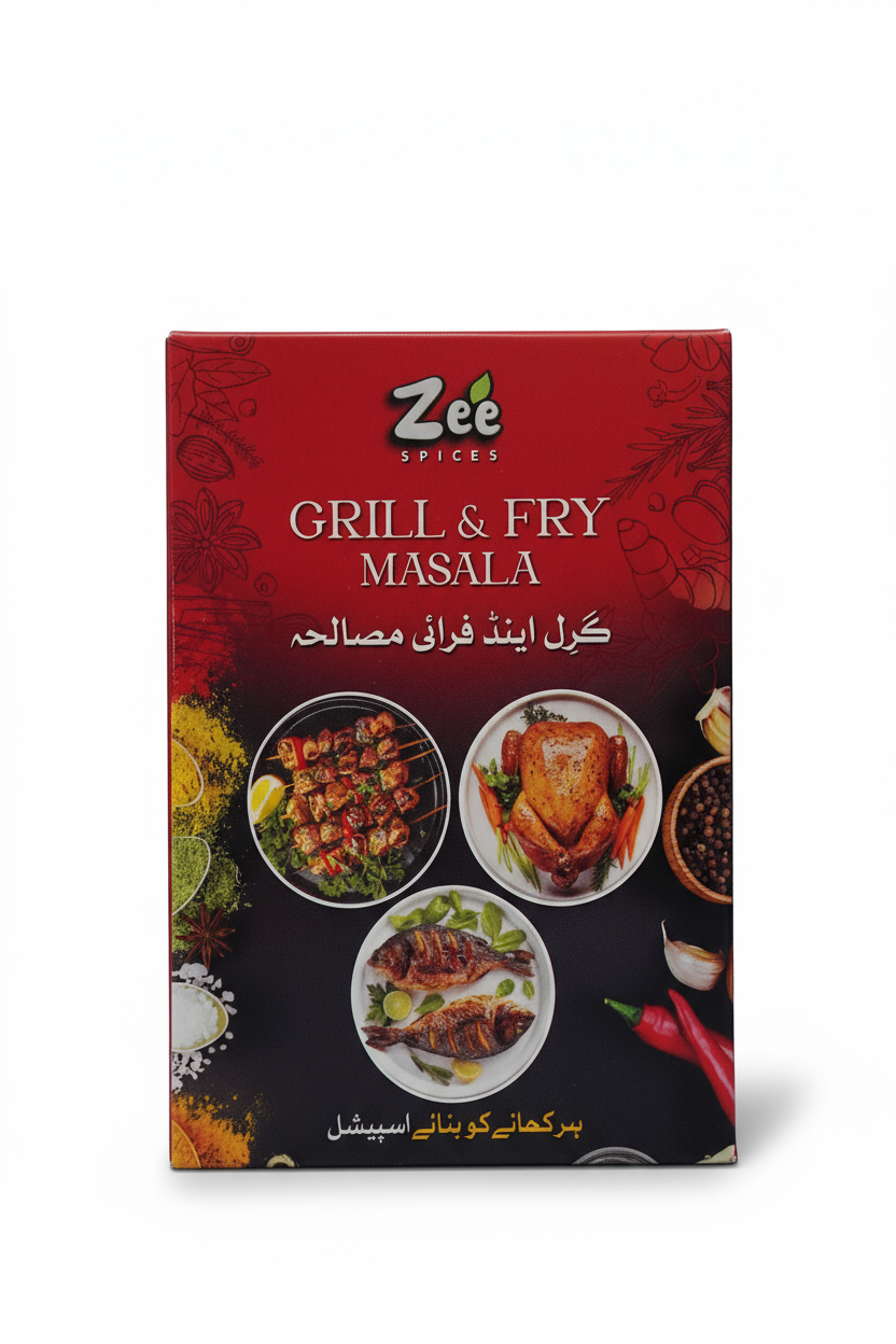 Zee Spices Grill & Fry Masala packaging on a white background