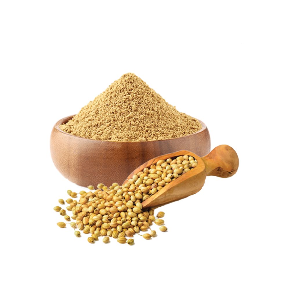 Wooden bowl filled with coriander seeds and ground coriander powder on a white background