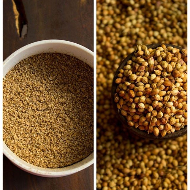Collage of coriander seeds and ground coriander in a bowl.