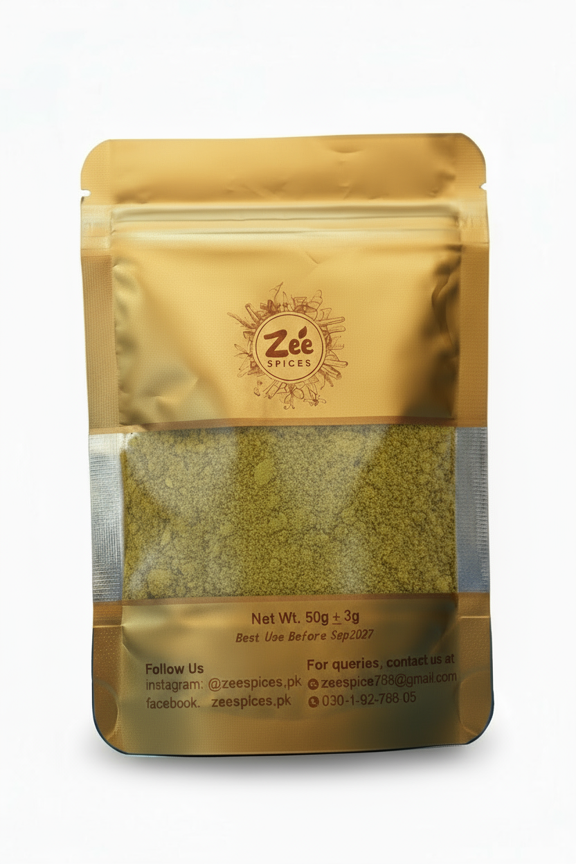 Zee Spices packaging with visible coriander powder inside on a white background