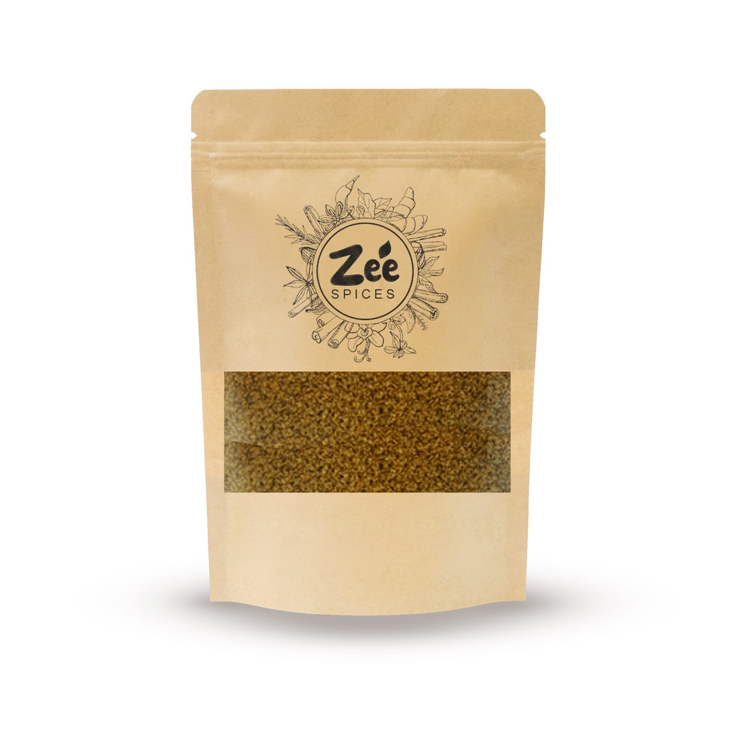 Kraft paper coriander powder package with 'Zee Spices' branding on a white background