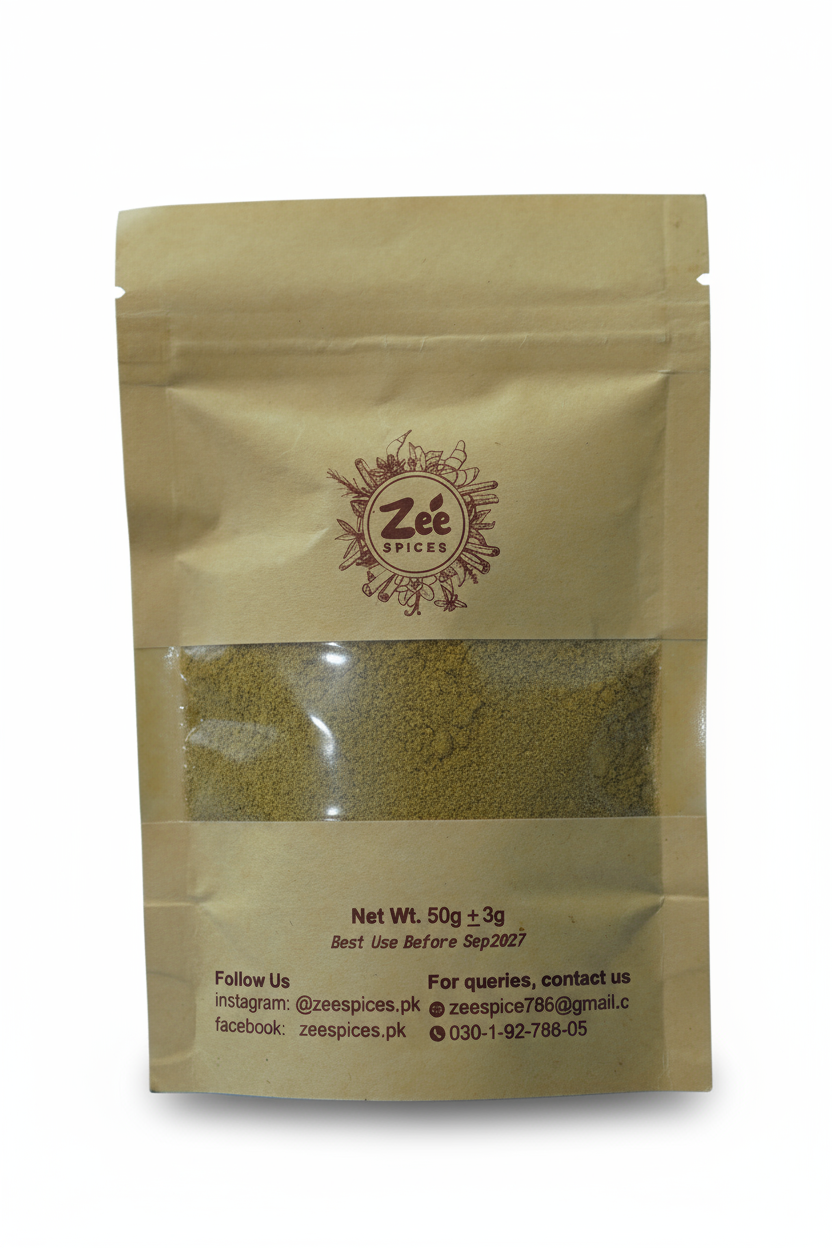 coriander powder package with Zee Spices branding on a white background
