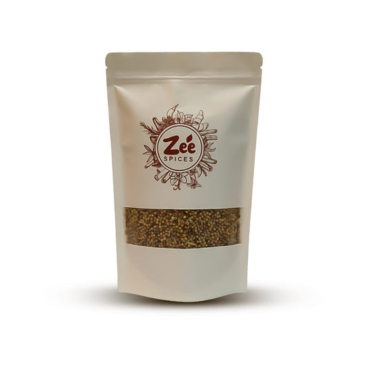 Zée Spices packaging with visible coriander seeds on a white background