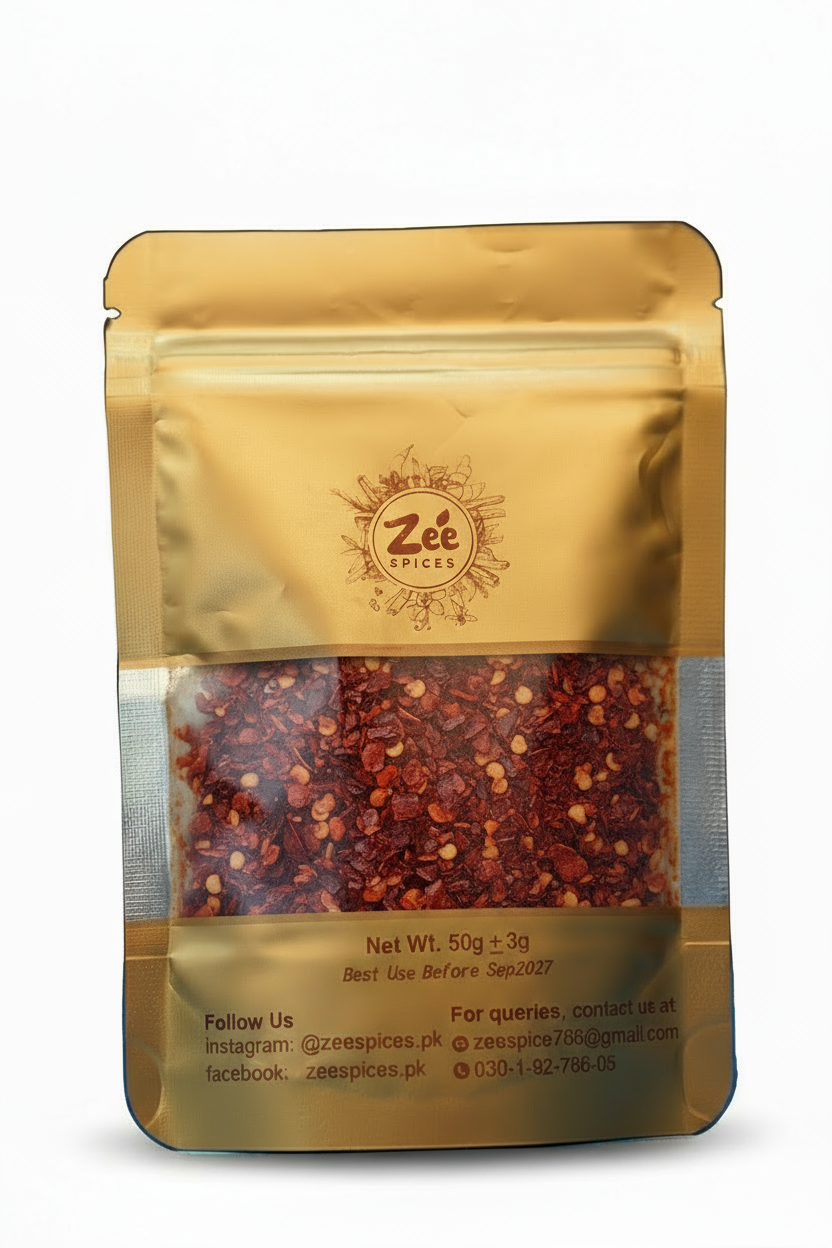 Zee Spices packaging with visible chili flakes spices inside on a white background