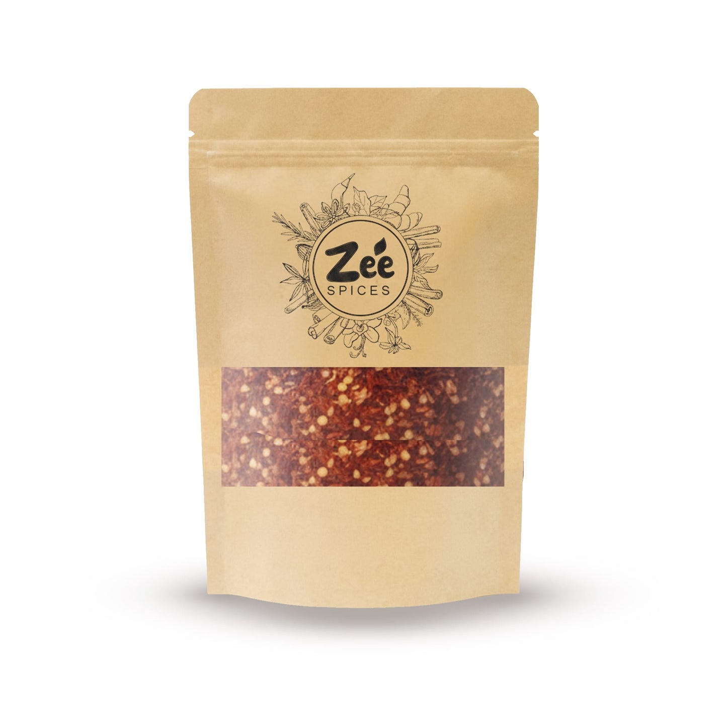 Zee Spices packaging with visible chilli flakes on a white background