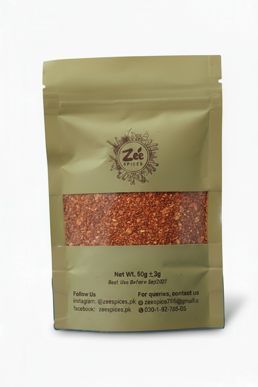 chilli flakes package with Zee Spices branding on a white background