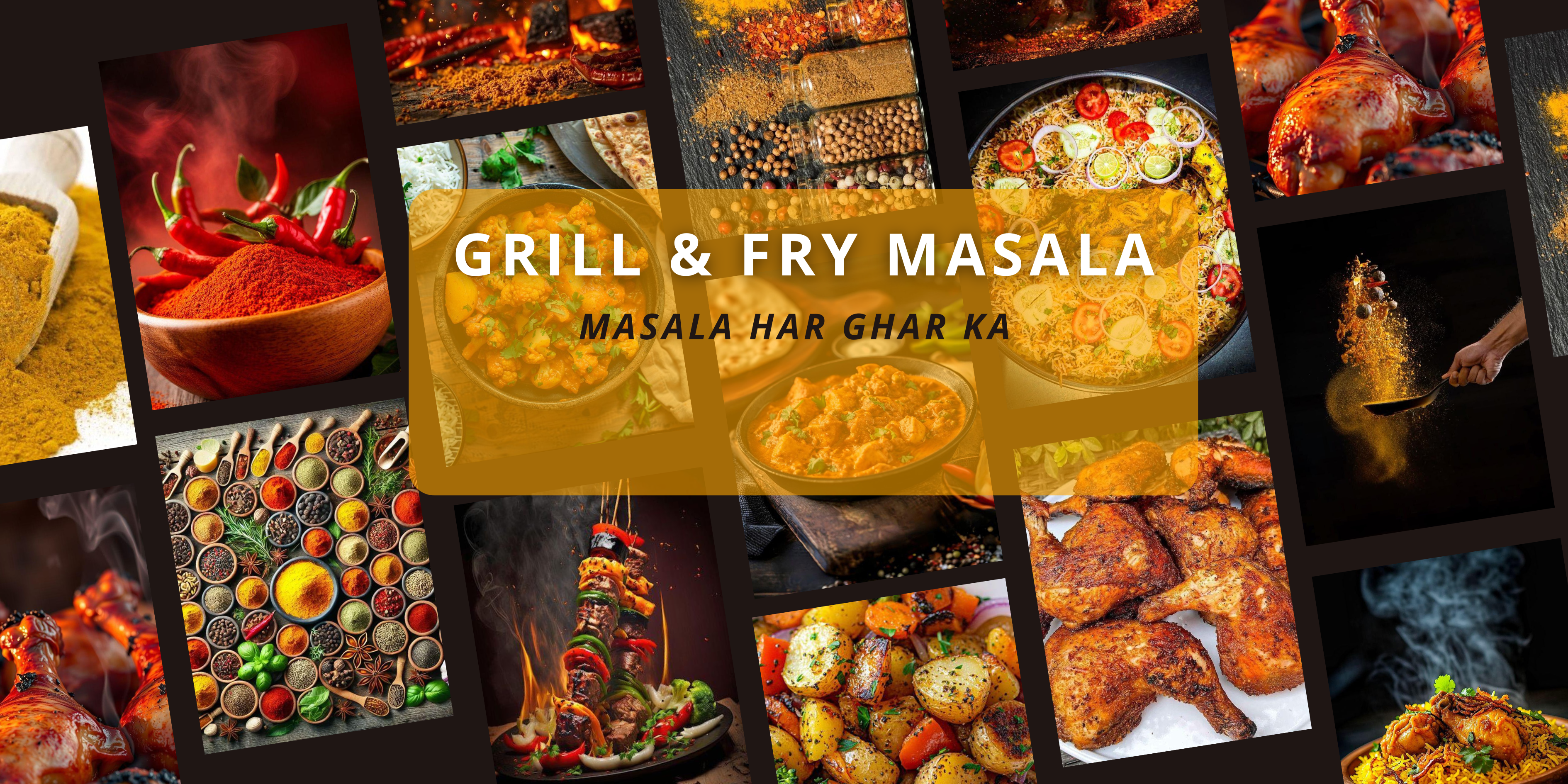 Zee Spices Grill & Fry Masala – promotional banner with chicken, fish, and fast food dishes