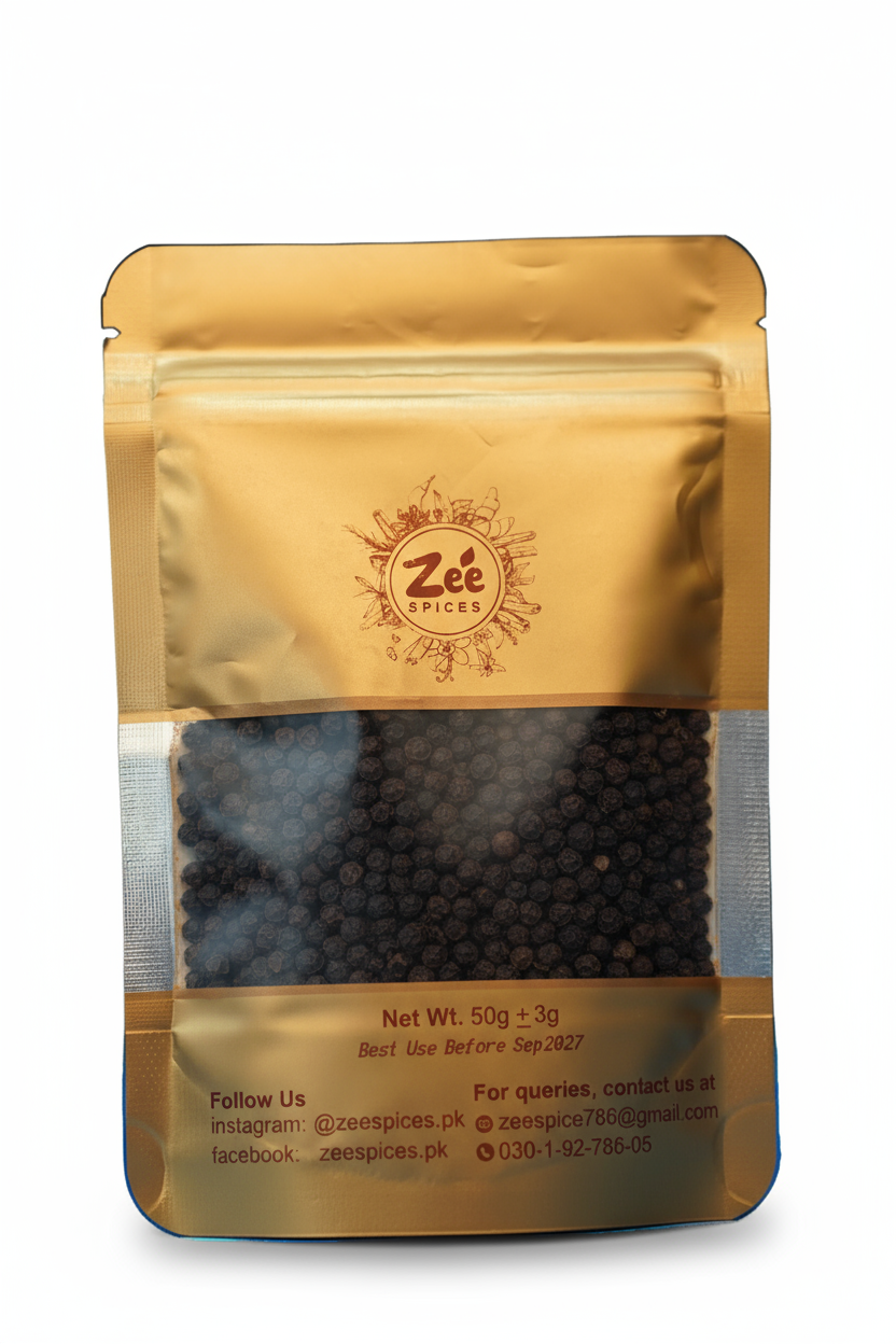 Zee Spices packaging with visible whole black pepper inside on a white background