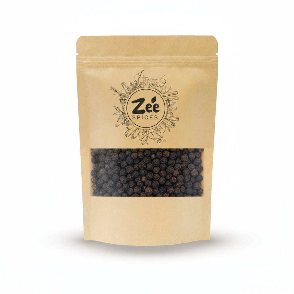 Kraft paper whole kaali mirch package with 'Zee Spices' branding on a white background