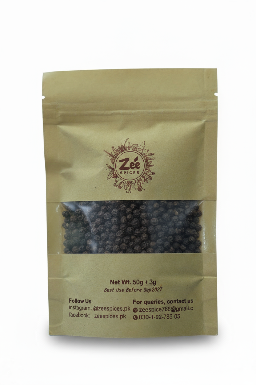 Zee spices packaging on a white background containing ground black pepper