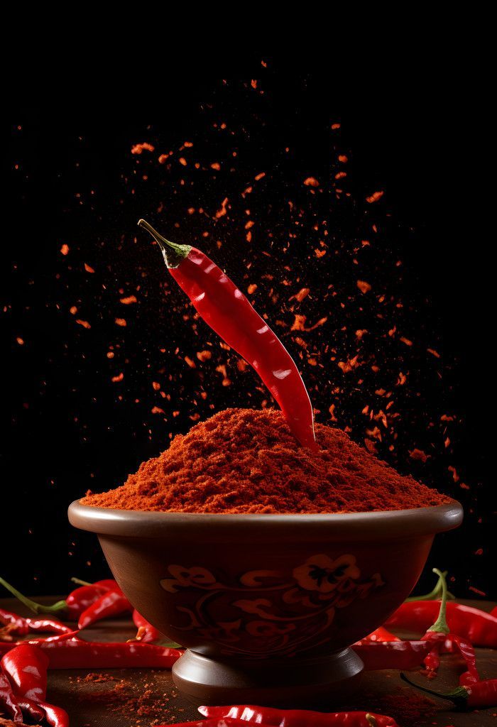 Bowl of red chili powder with a red chili pepper on a dark background