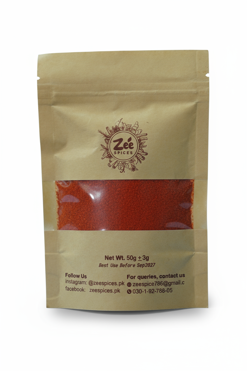 red chili powder package with Zee Spices branding on a white background
