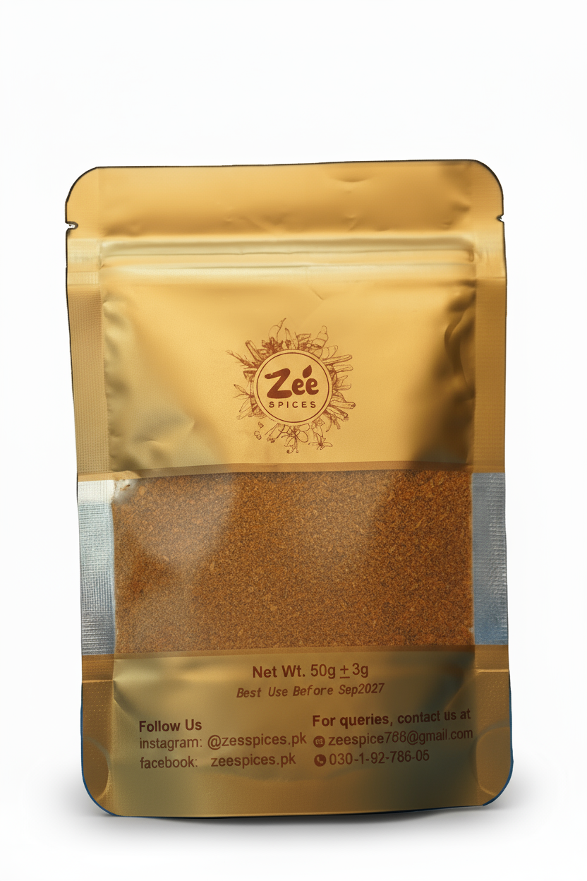 Zee Spices packaging with visible cumin powder inside on a white background