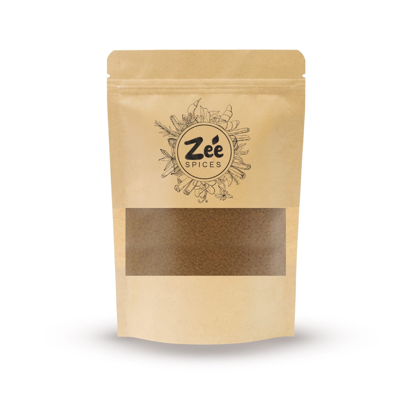 Kraft paper cumin powder spice package with 'Zee Spices' branding on a white background