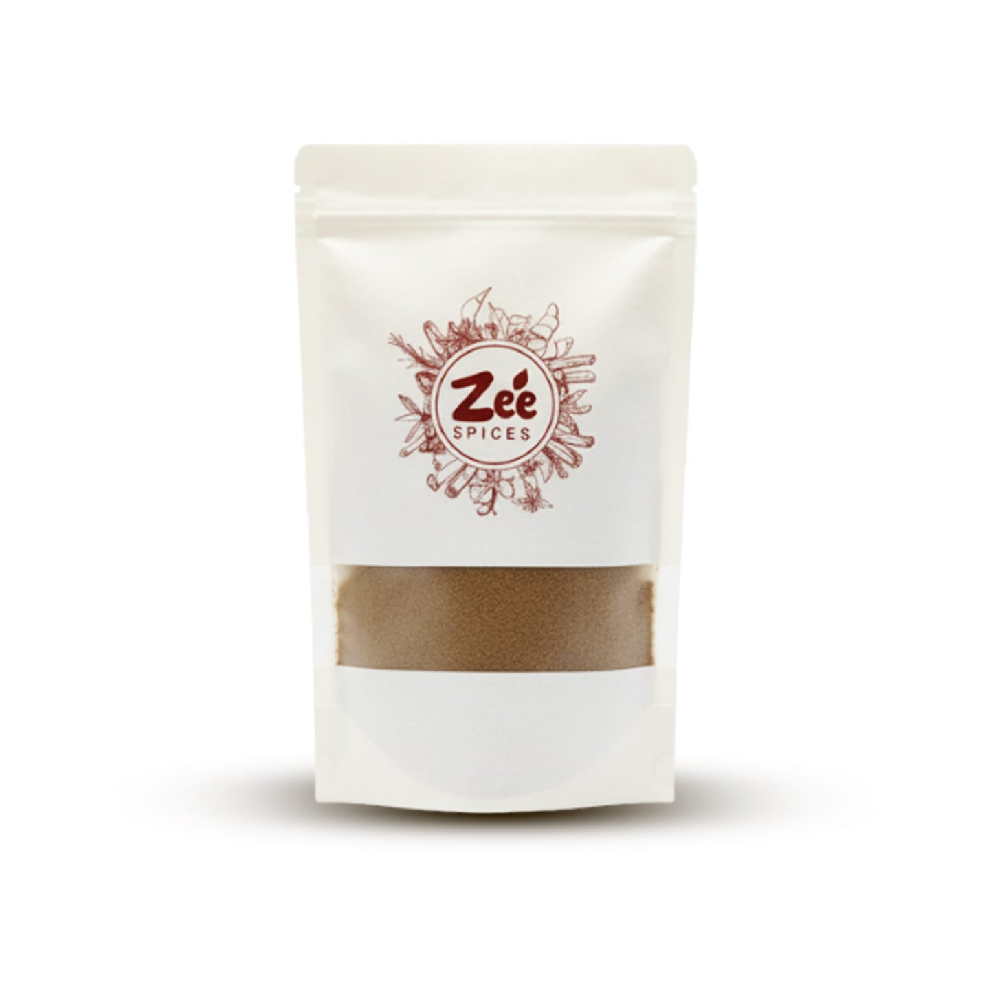 White pouch of Zée Spices with a visible cumin powder mix on a white background