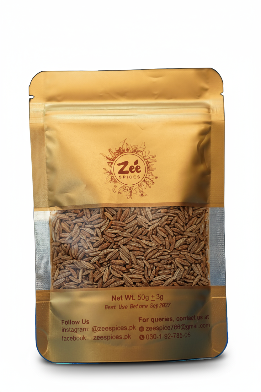 Zee Spices packaging with visible cumin seeds inside on a white background
