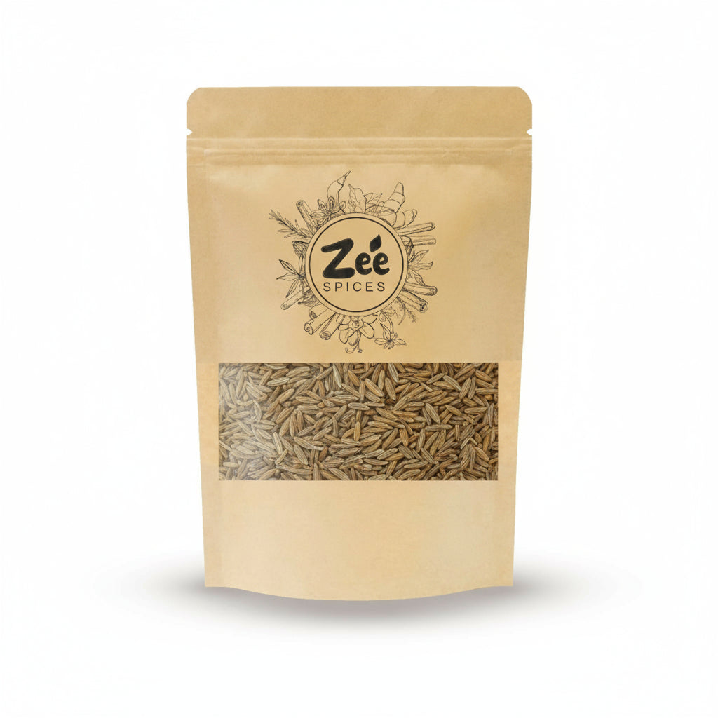 Kraft paper cumin seeds package with 'Zee Spices' branding on a white background