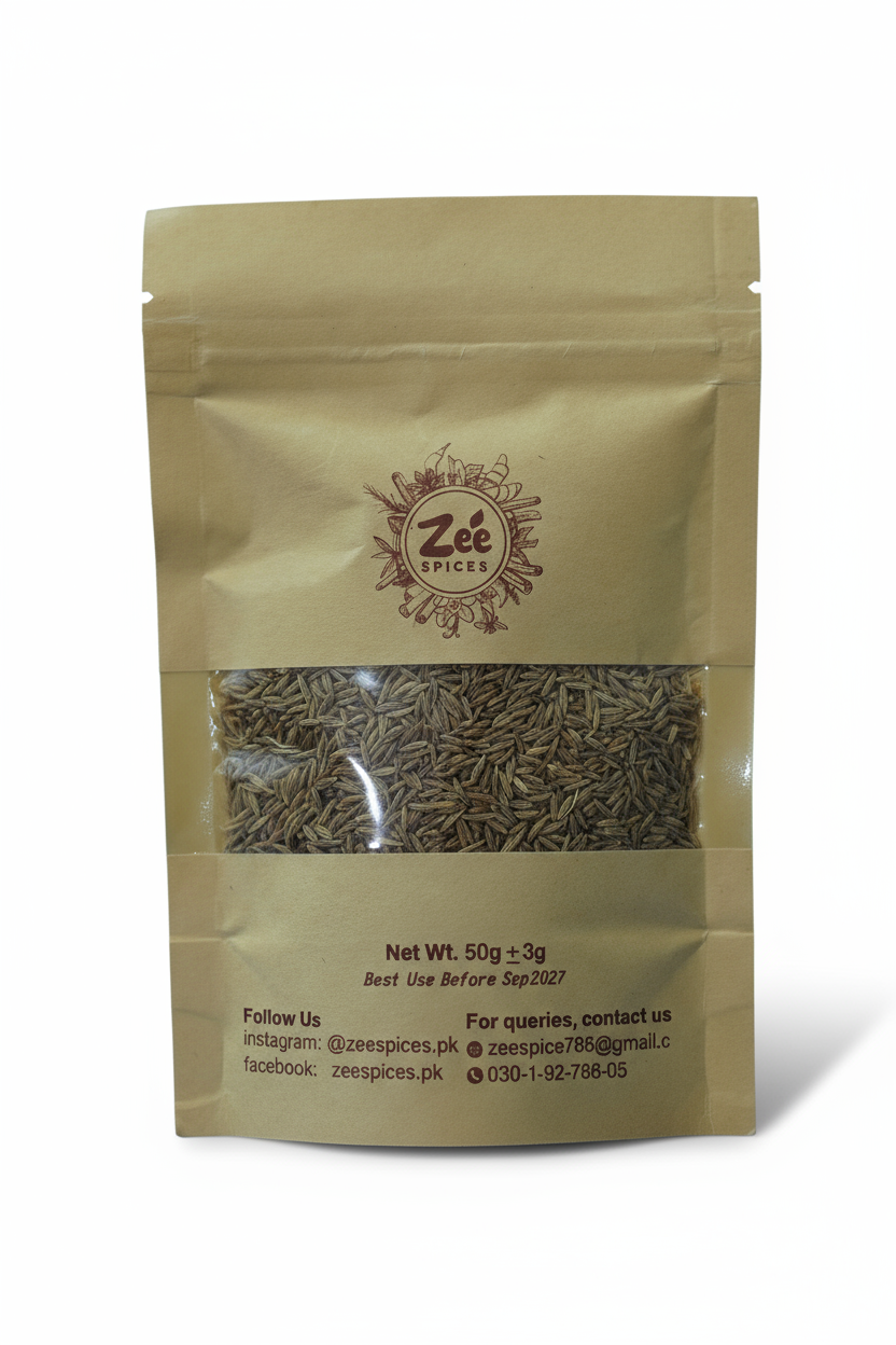 cumin seeds package with Zee Spices branding on a white background