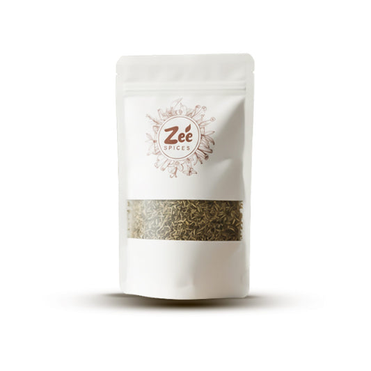 White pouch of Zee Spices on a white background inside cumin seeds
